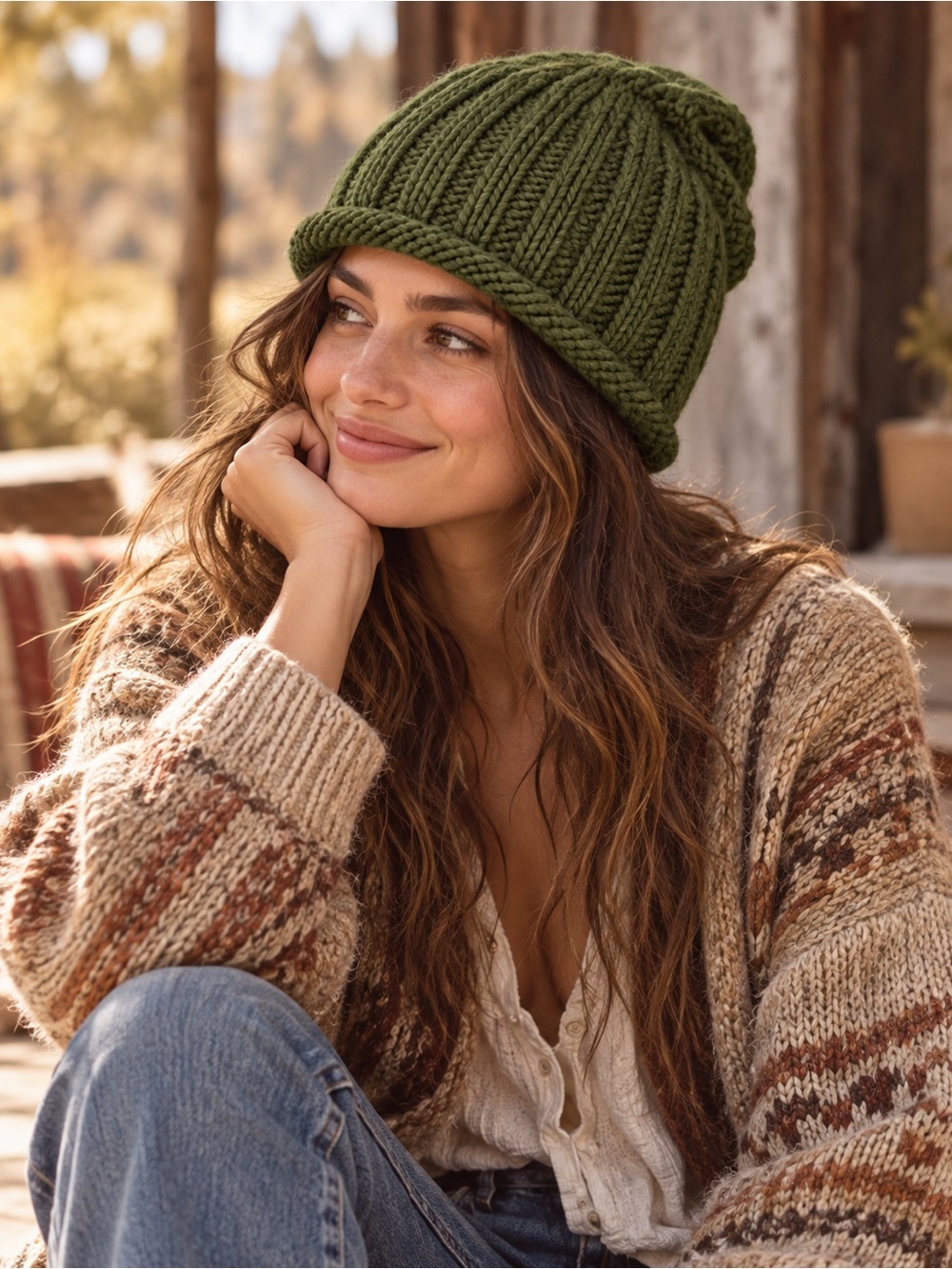 Free People Beanie Hat Womens One Size Olive Green Chunky Rib Knit Cuffed